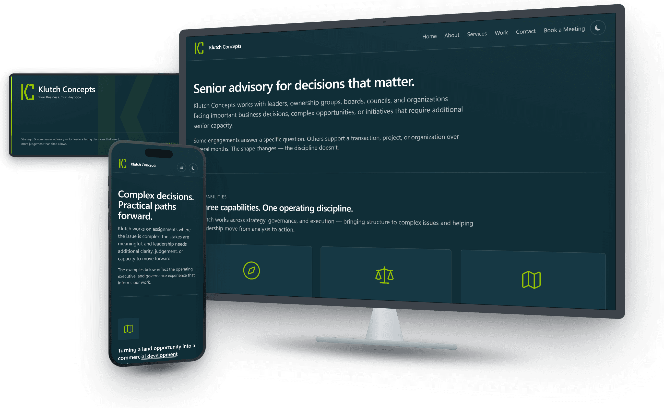 The Klutch Concepts services page on a desktop and their work page on a phone, with their brand card