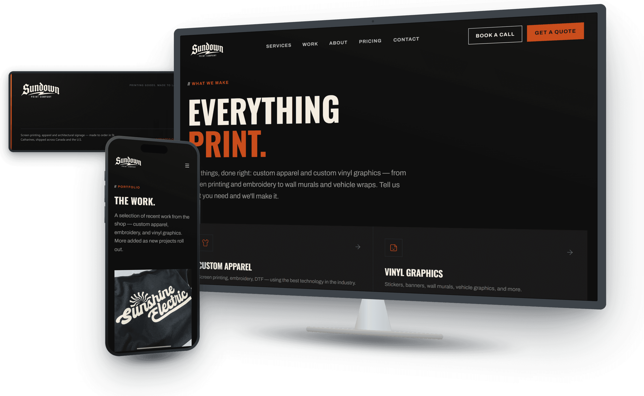The Sundown Print Co. services page on a desktop and their work page on a phone, with their brand card