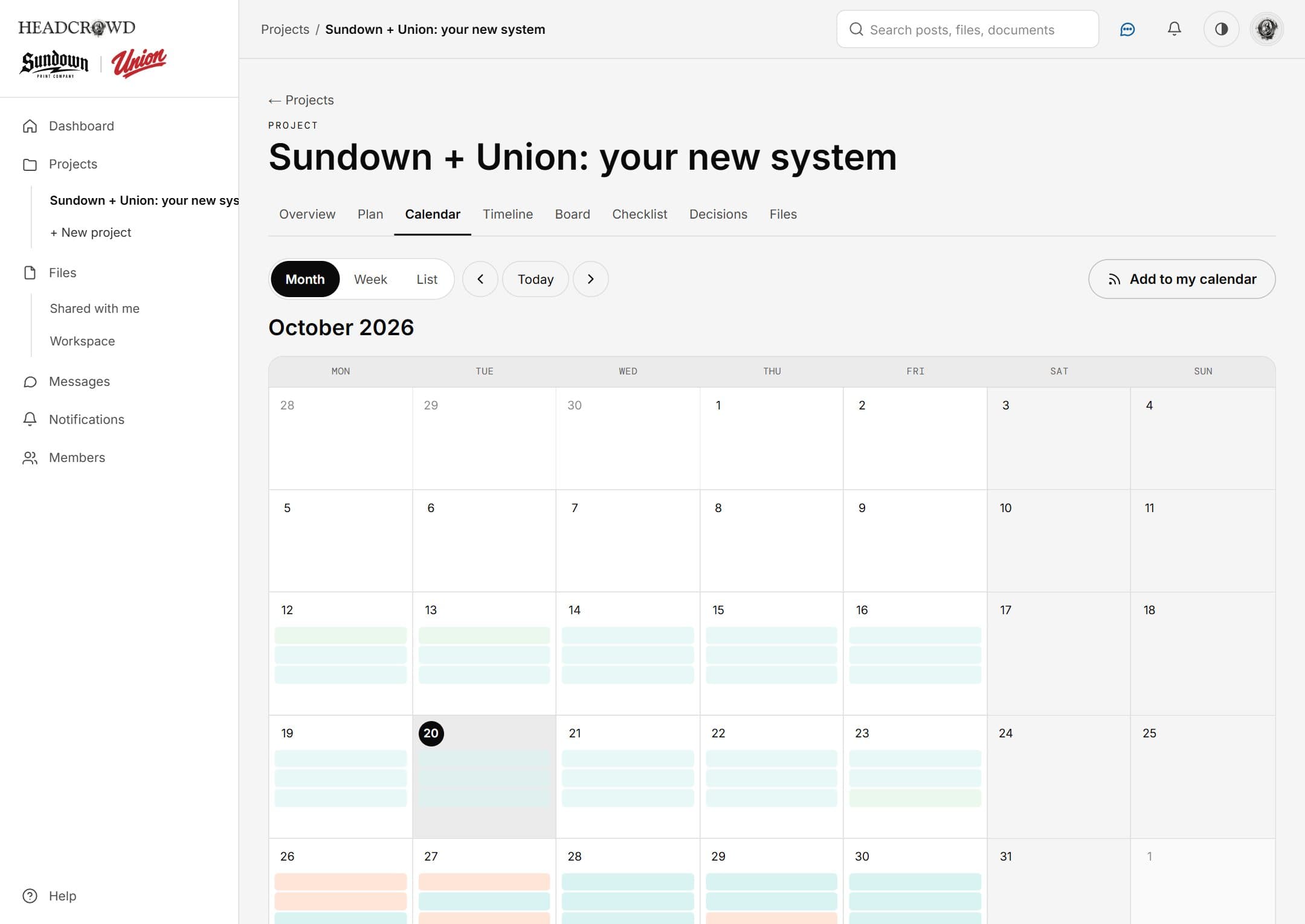 A month calendar of the project, with an Add to my calendar button