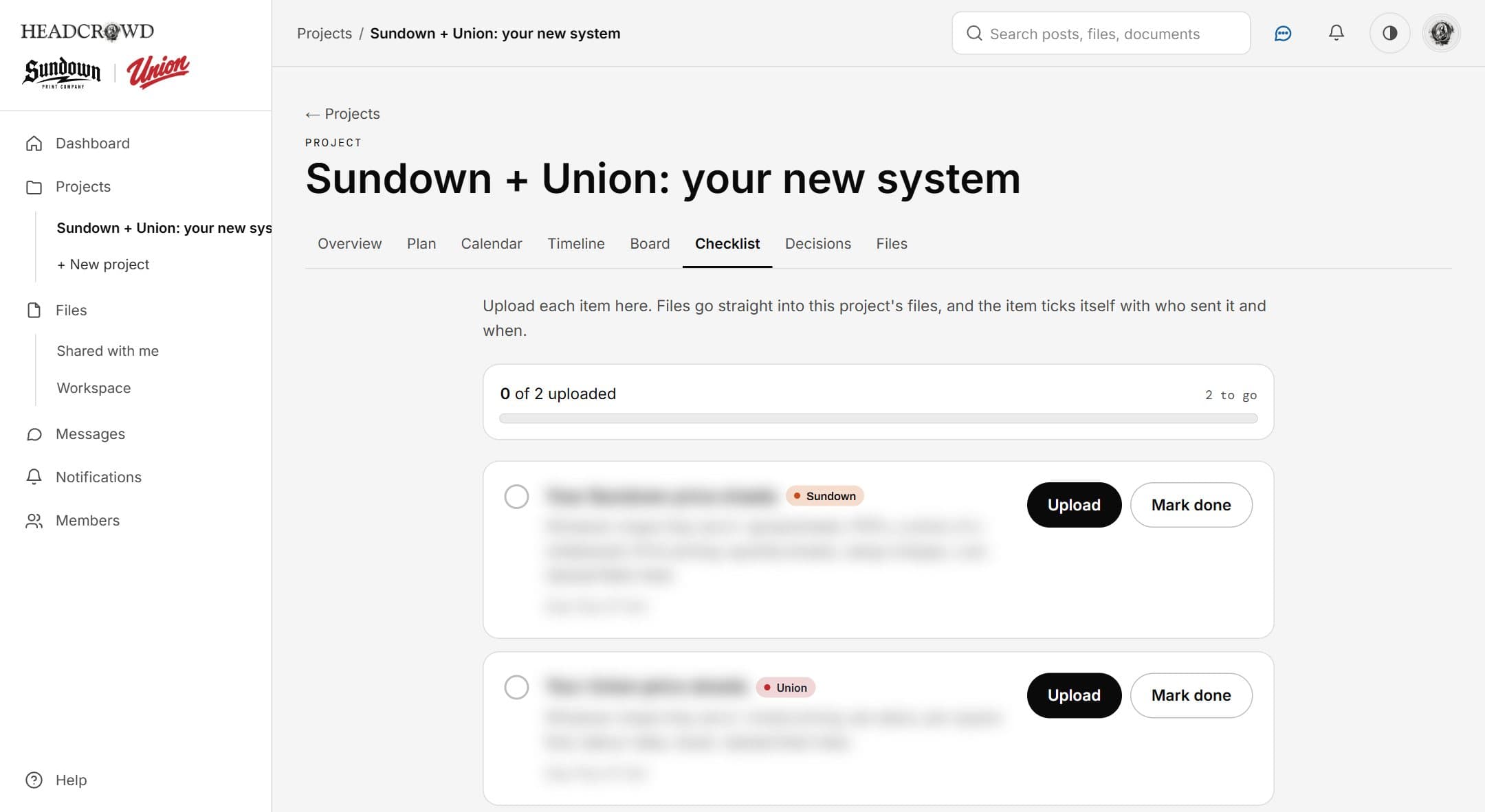 The upload checklist, with Upload and Mark done on each item