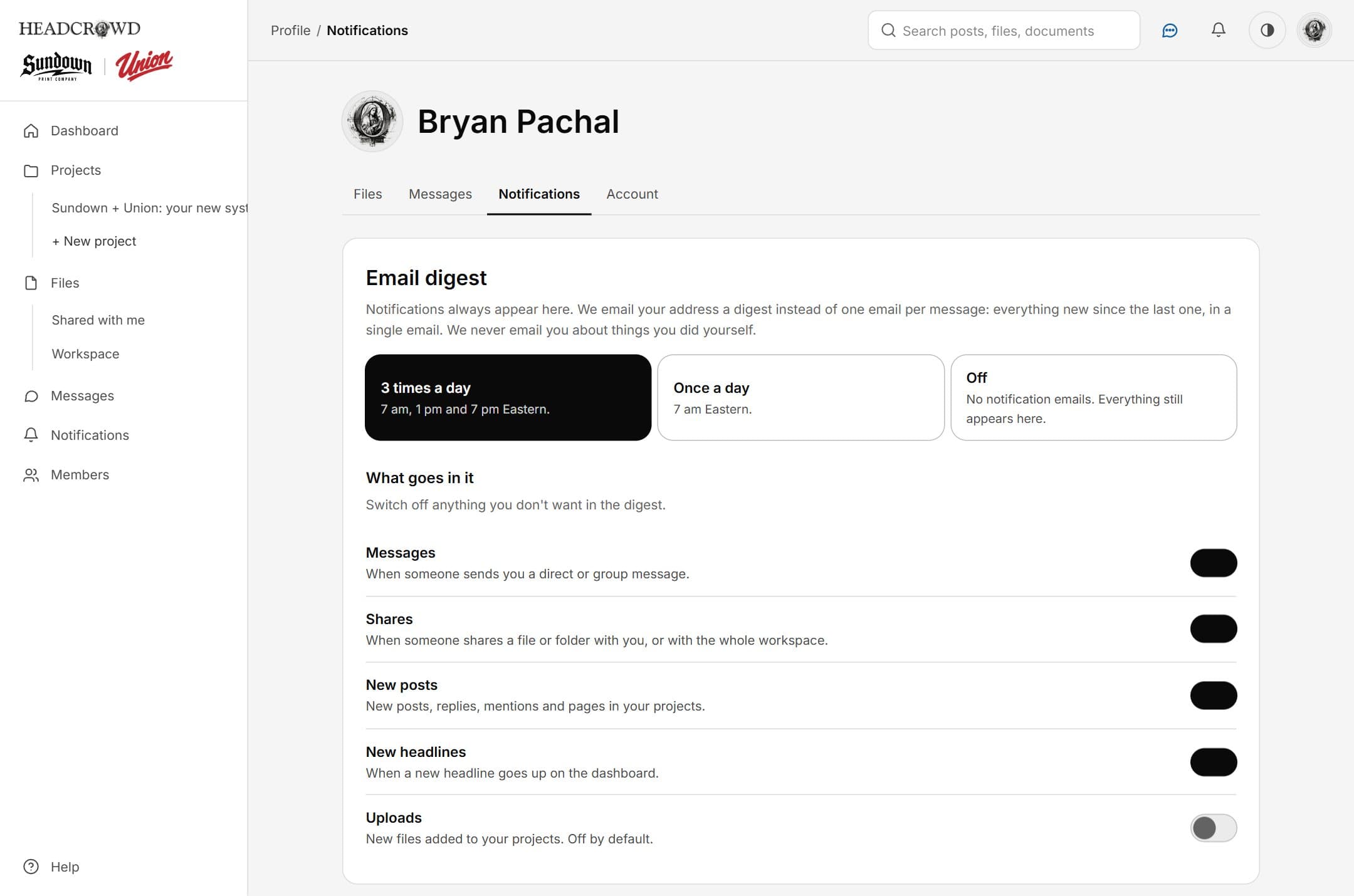 Email digest settings: three times a day, once a day, or off