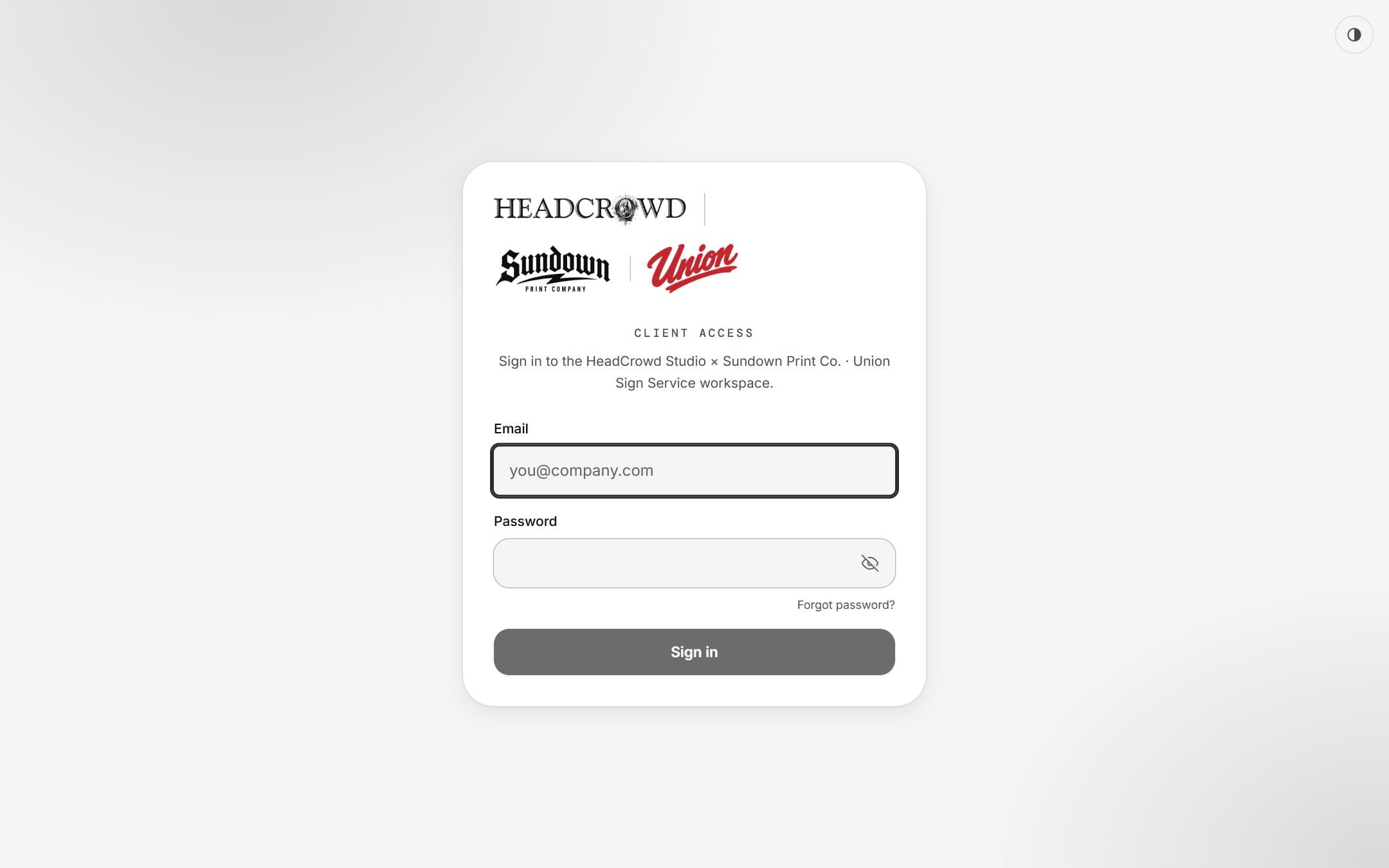 The workspace sign-in, carrying both of the client’s brands